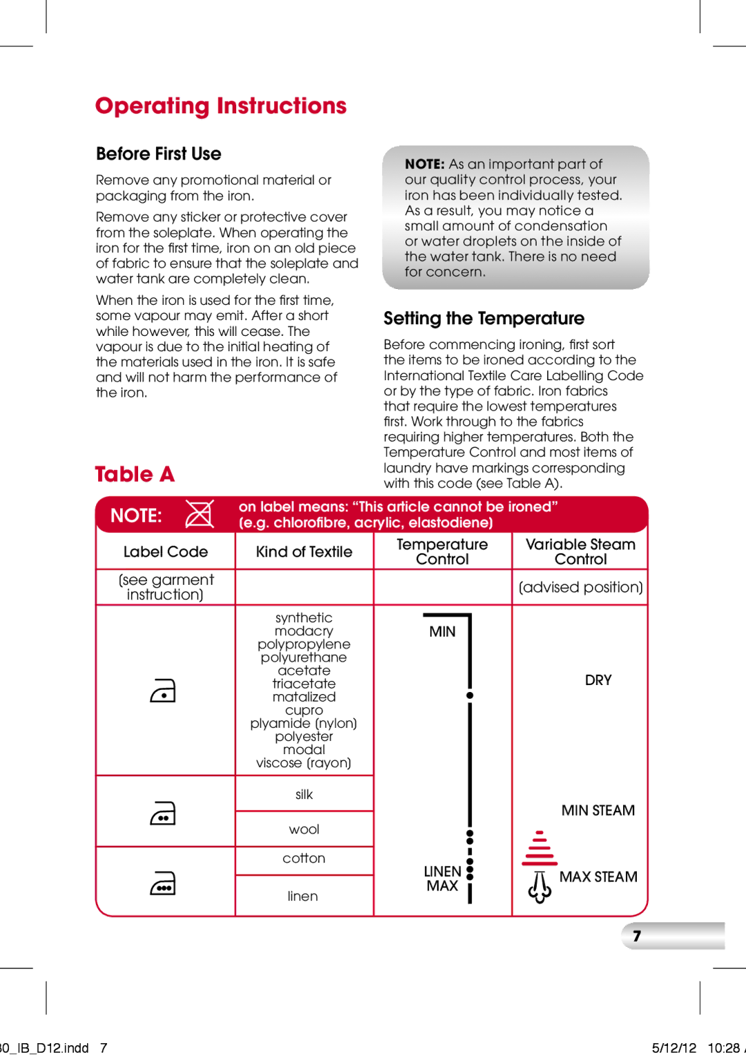 Kambrook SpeedSteam Iron KI450/KI480, K1450 Operating Instructions, Table a, Before First Use, Setting the Temperature 