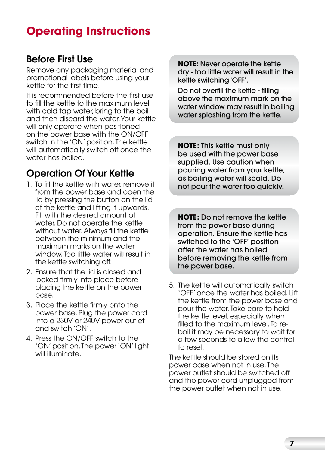 Kambrook KAK35 manual Operating Instructions, Before First Use, Operation Of Your Kettle 