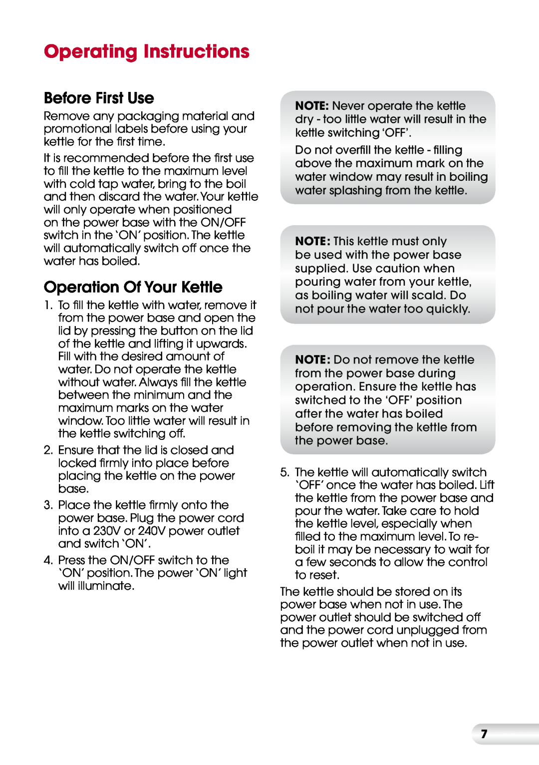 Kambrook KAK35 manual Operating Instructions, Before First Use, Operation Of Your Kettle 