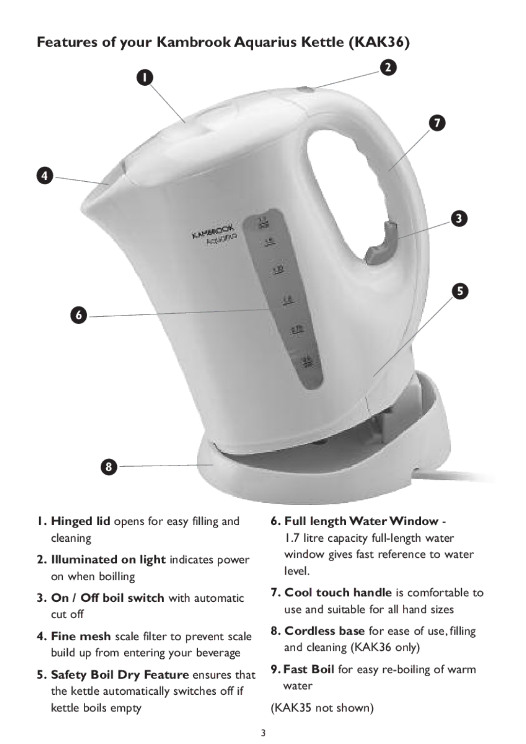 Kambrook KAK35 manual Features of your Kambrook Aquarius Kettle KAK36 