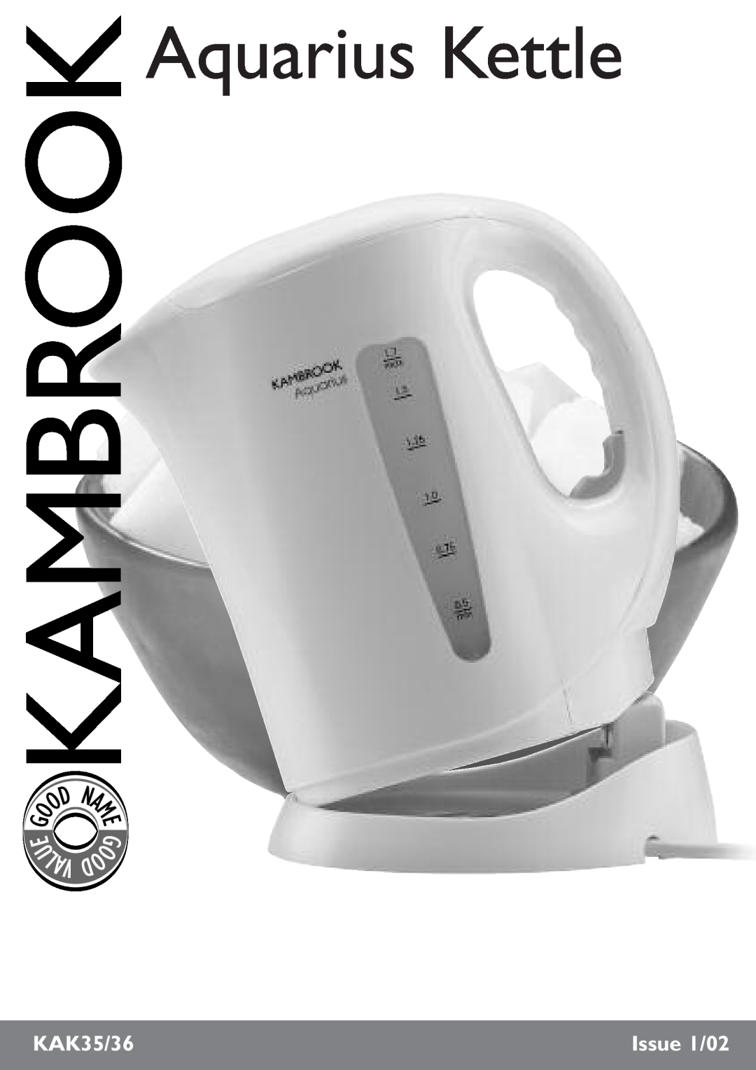 Kambrook KAK35 manual Instruction Booklet, Aquarius Cordfree, 1.7L Kettle 
