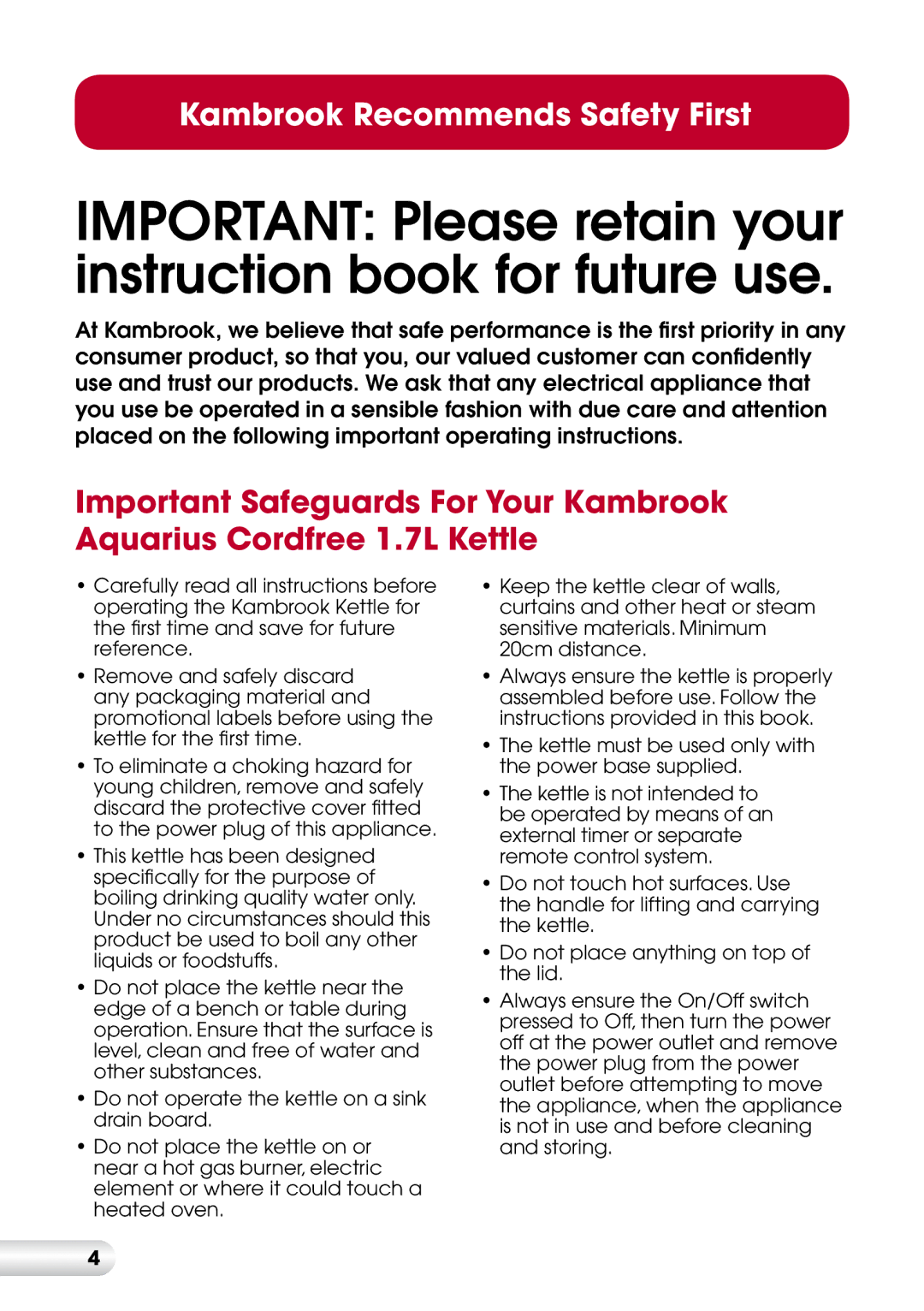 Kambrook KAK36 manual Important Please retain your instruction book for future use 