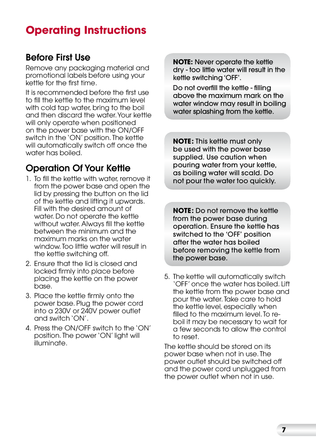 Kambrook KAK36 manual Operating Instructions, Before First Use, Operation Of Your Kettle 