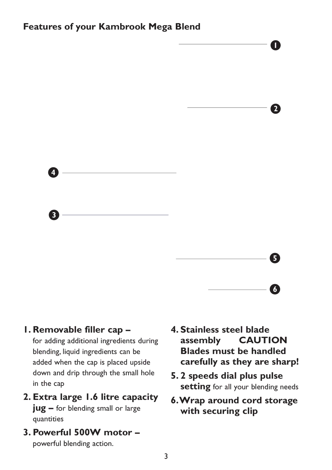 Kambrook KB220 manual Features of your Kambrook Mega Blend Removable filler cap 