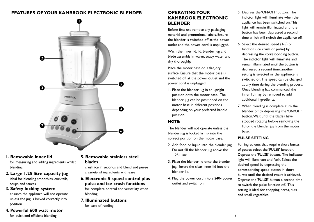 Kambrook KB600 manual Removable inner lid, Large 1.25 litre capacity jug, Safety locking system, Illuminated buttons 