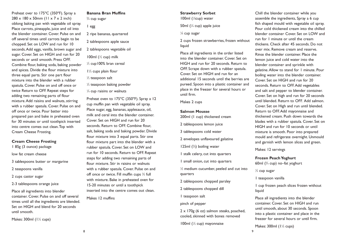 Kambrook KB815B manual Cream Cheese Frosting, Banana Bran Muffins, Strawberry Sorbet, Salmon Mousse, Frozen Peach Yoghurt 