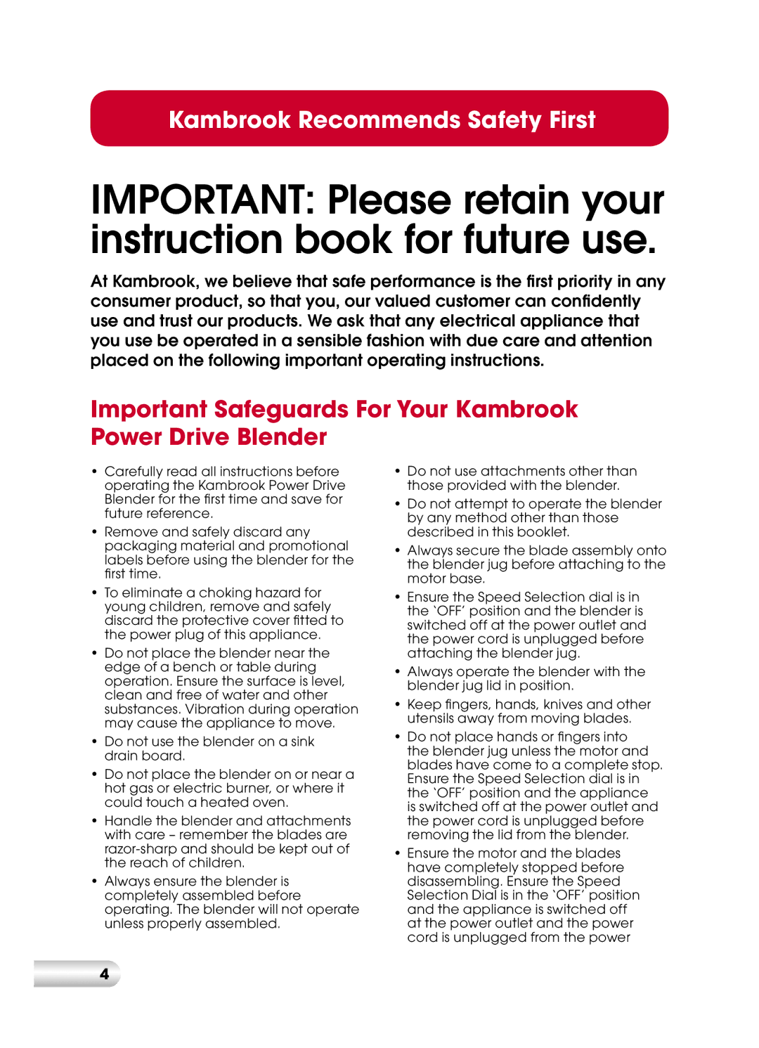 Kambrook KBL110, KBL210 manual Important Safeguards For Your Kambrook Power Drive Blender 