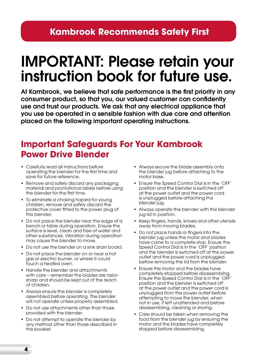 Kambrook KBL180, KBL120 manual Important Safeguards For Your Kambrook Power Drive Blender 