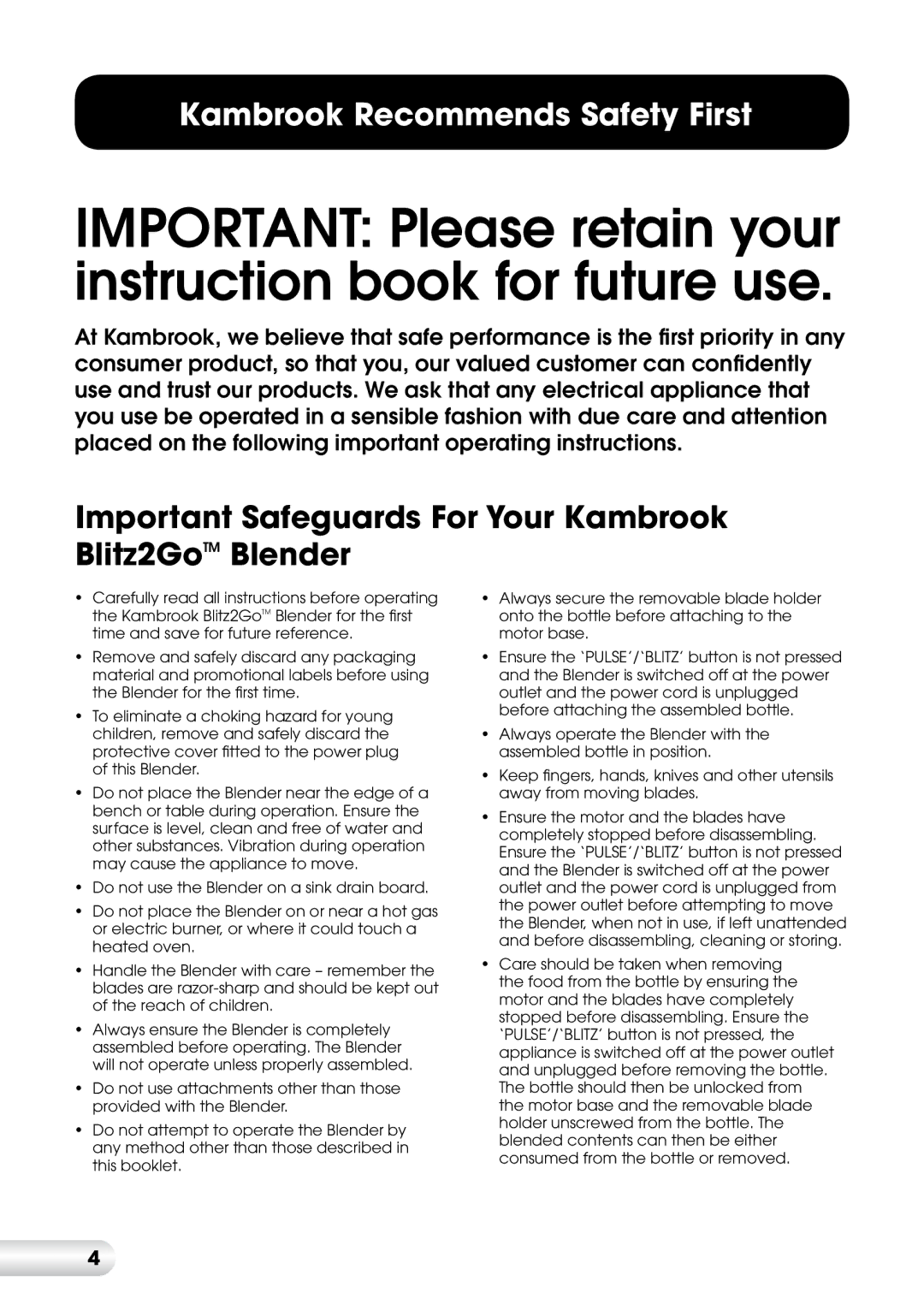 Kambrook KBL20, KBL63 manual Important Safeguards For Your Kambrook Blitz2GoTM Blender 