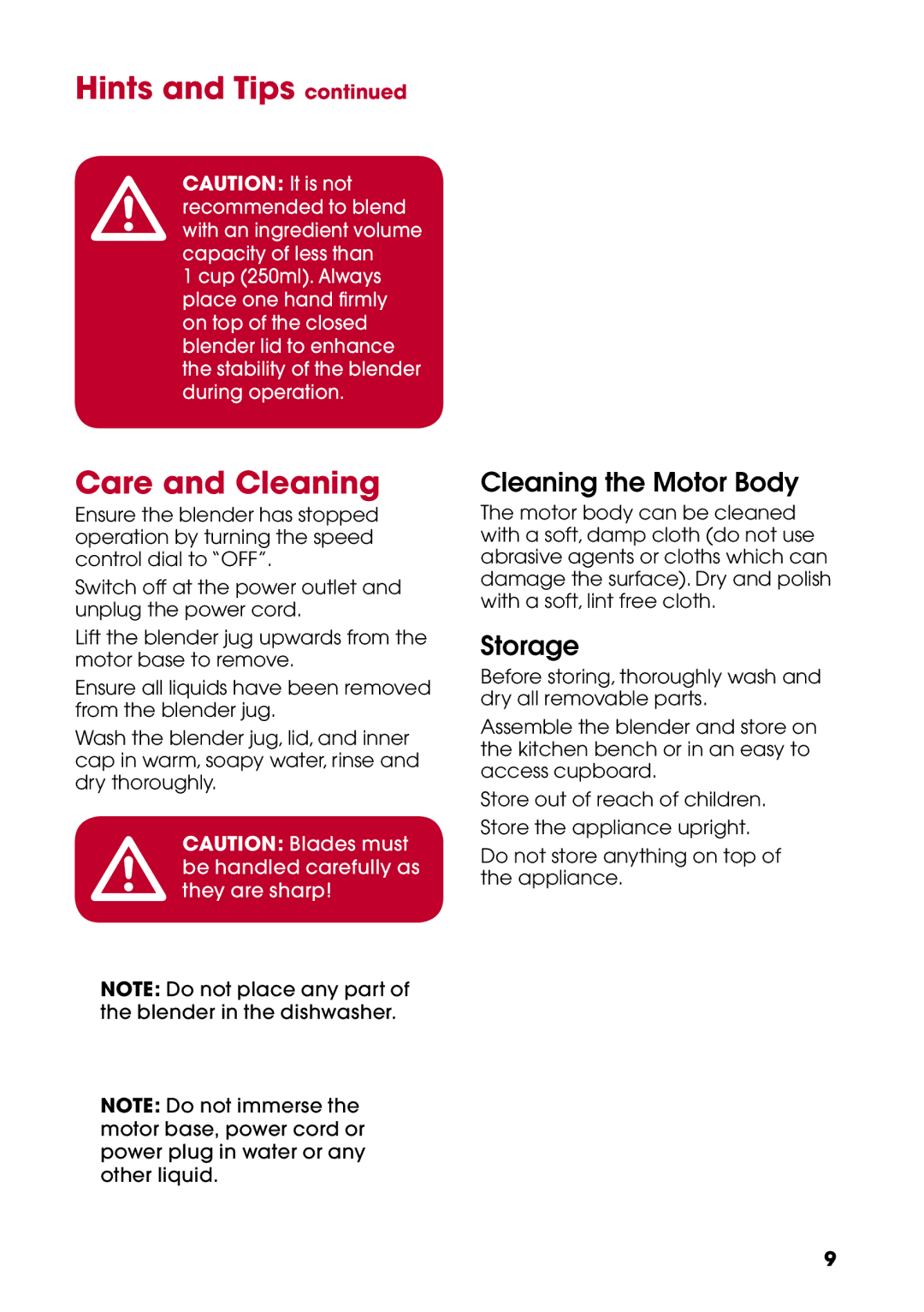 Kambrook KBL70 manual Care and Cleaning, Cleaning the Motor Body 