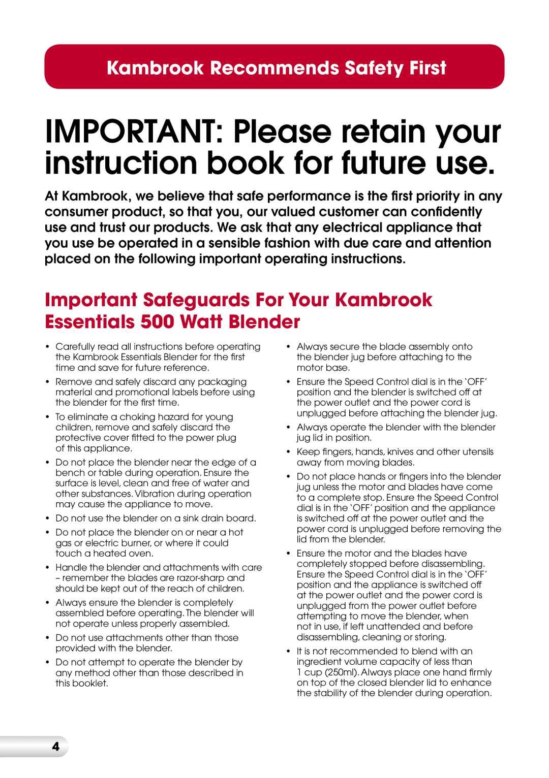 Kambrook KBL70 manual Important Please retain your instruction book for future use 