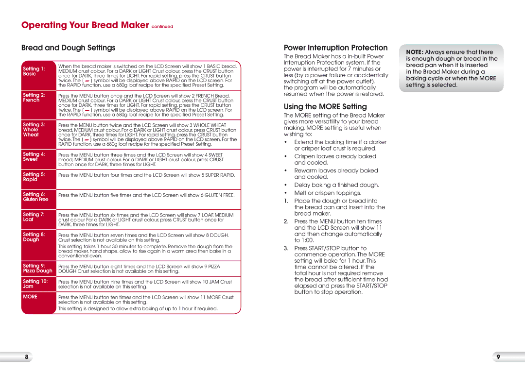 Kambrook KBM300 manual Bread and Dough Settings Power Interruption Protection, Using the More Setting 