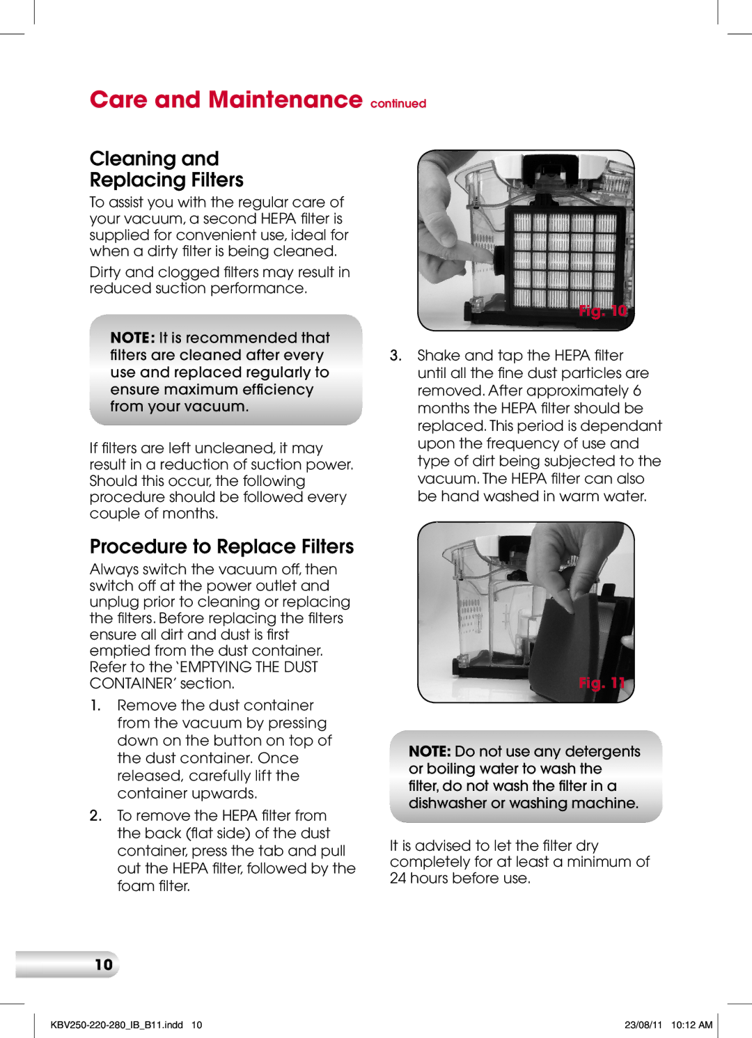 Kambrook KBV280, KBV250, KBV220 manual Cleaning Replacing Filters, Procedure to Replace Filters 