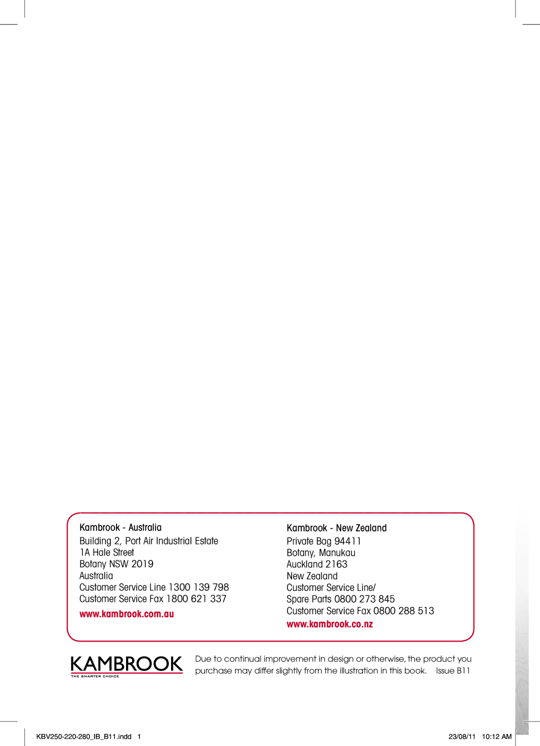 Kambrook KBV280, KBV250, KBV220 manual Customer Service Fax 0800 288 