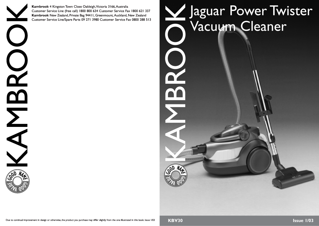 Kambrook KBV30 manual Vacuum Cleaner, Jaguar Power Twister, Issue 1/03 
