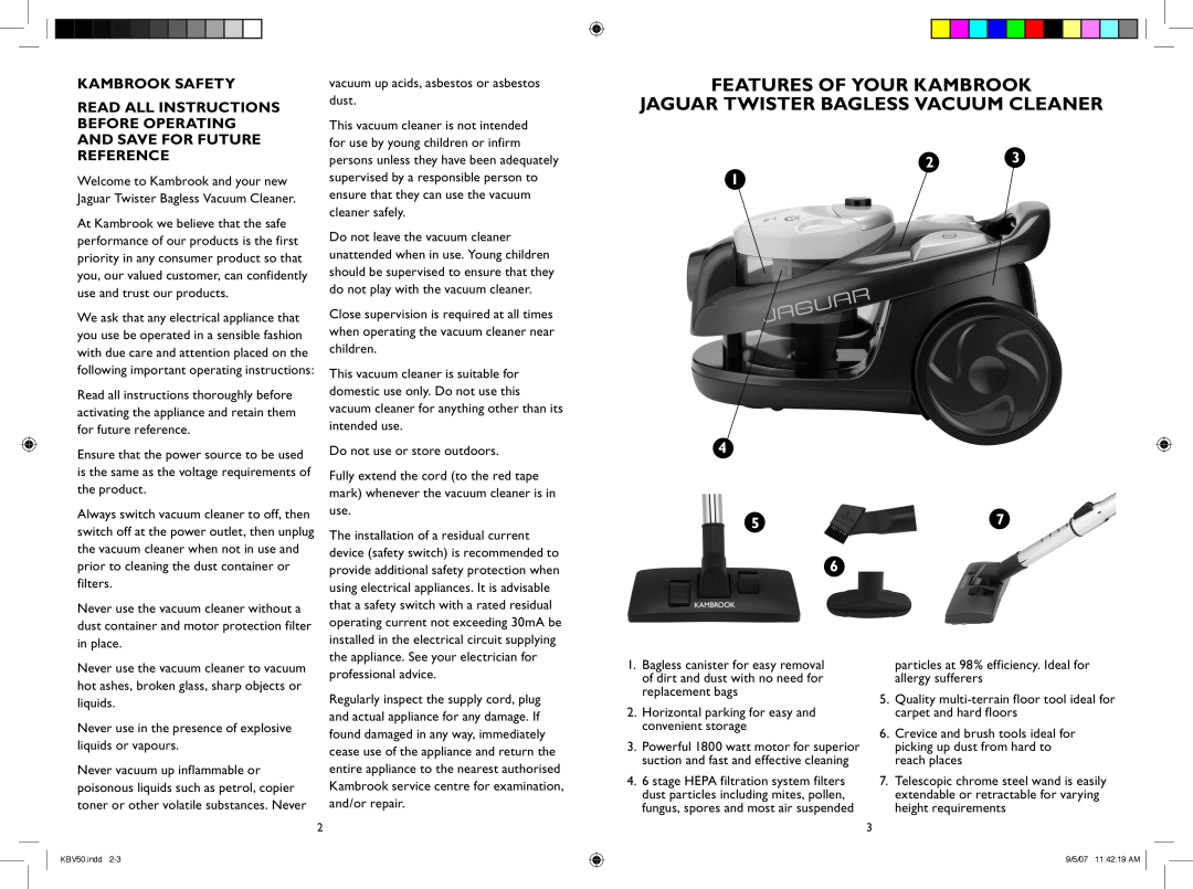 Kambrook KBV50 manual Kambrook Safety, FEATURES OF YOUR Kambrook, Jaguar Twister Bagless Vacuum Cleaner 