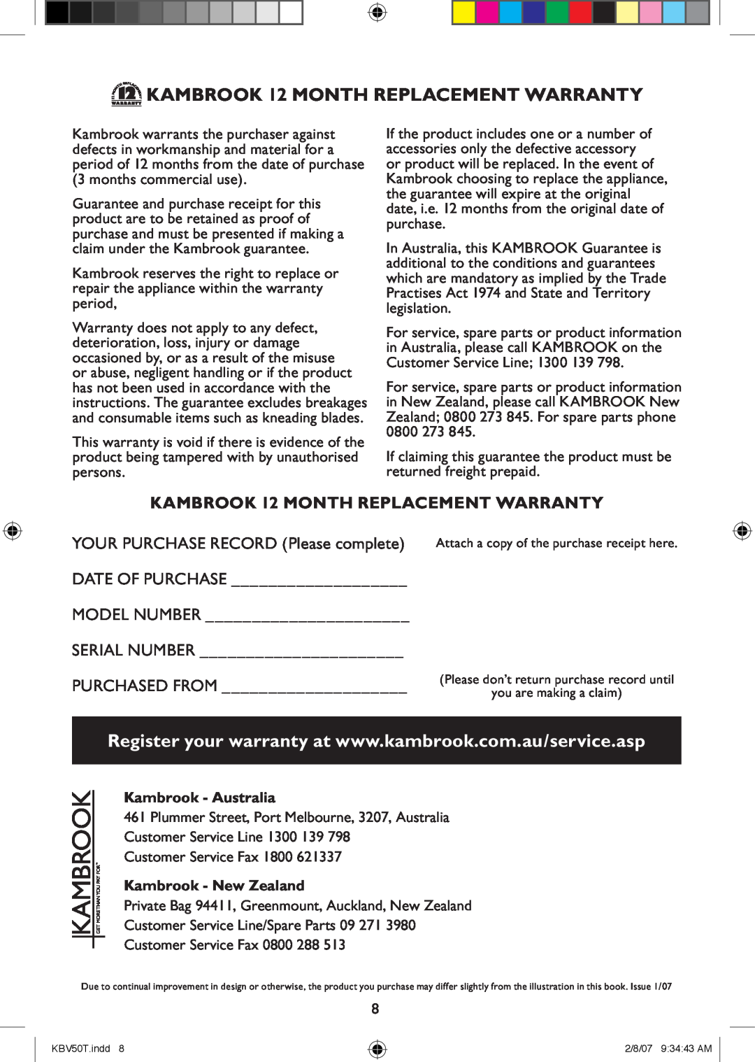 Kambrook KBV50T manual KAMBROOK 12 MONTH REPLACEMENT WARRANTY, Kambrook - Australia, Kambrook - New Zealand 