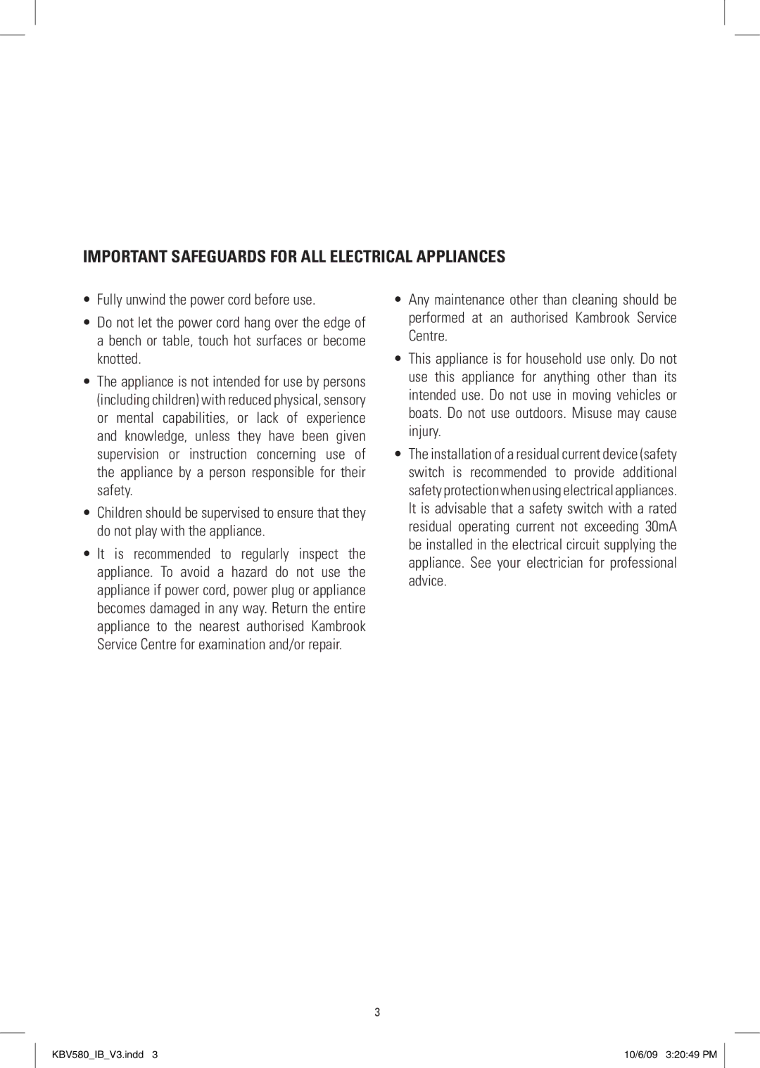 Kambrook KBV50, KBV580 manual Important Safeguards for ALL Electrical Appliances 