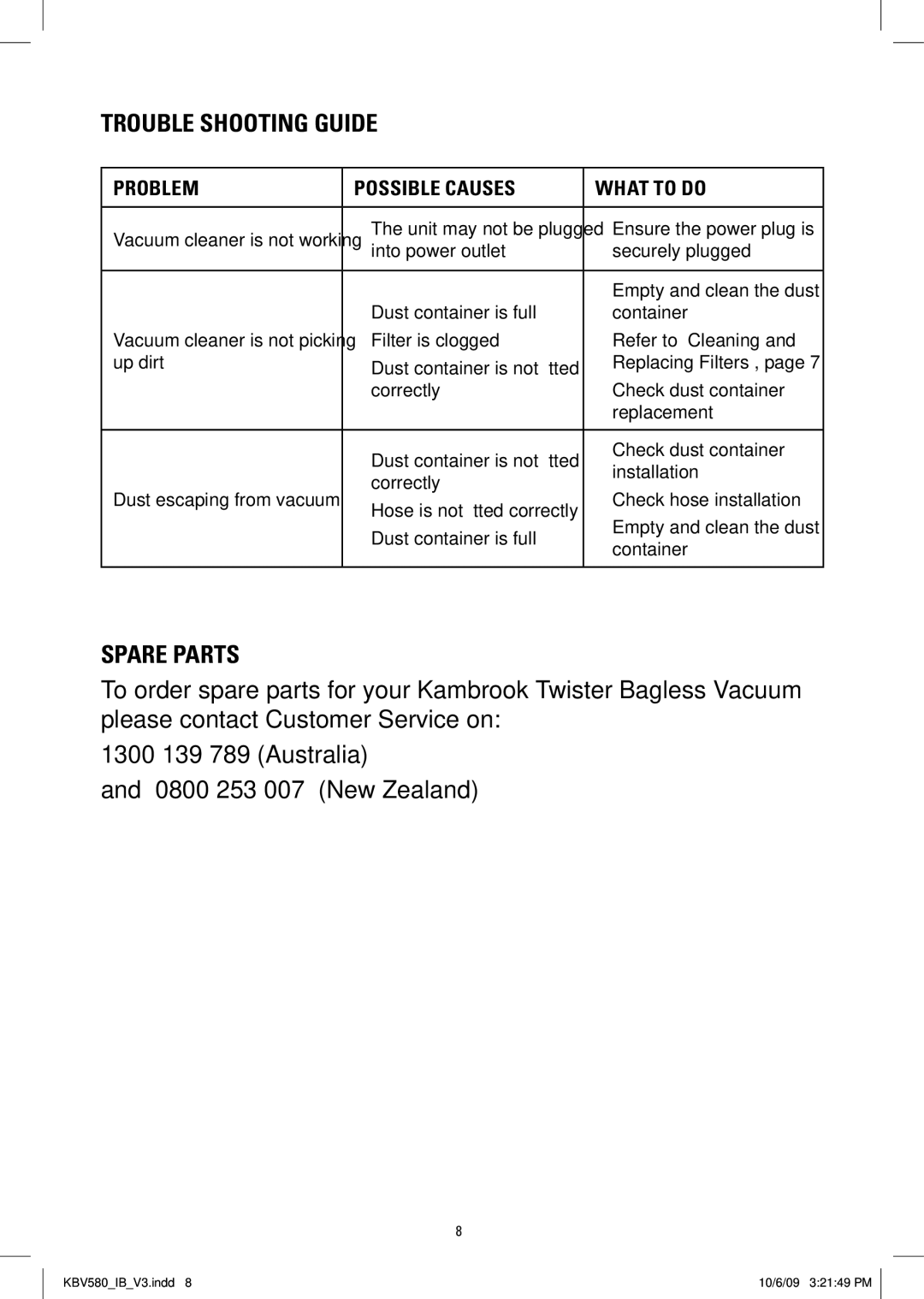 Kambrook KBV580, KBV50 manual Problem Possible Causes What to do, Ensure the power plug is, Check hose installation 