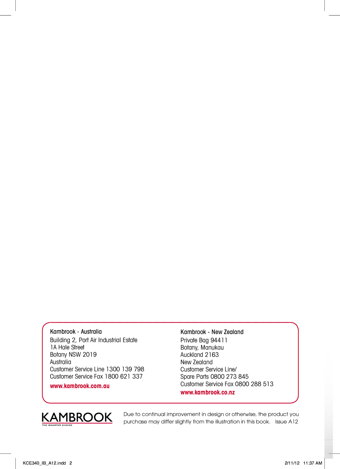 Kambrook KCE340 manual Customer Service Fax 0800 288 