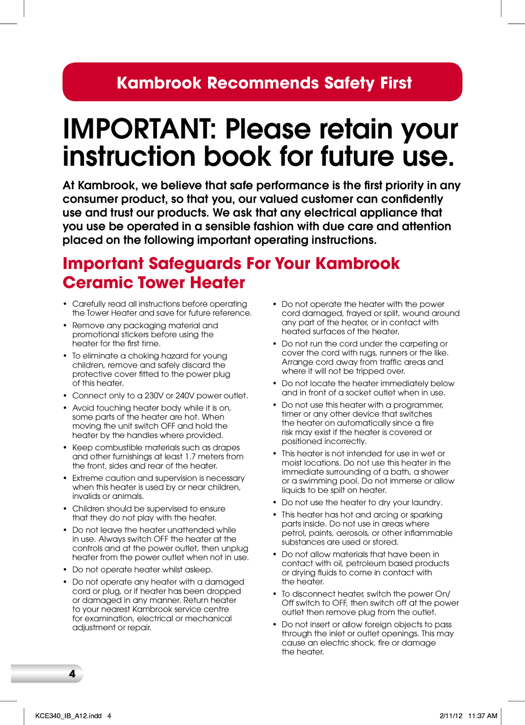 Kambrook KCE340 manual Important Safeguards For Your Kambrook Ceramic Tower Heater 