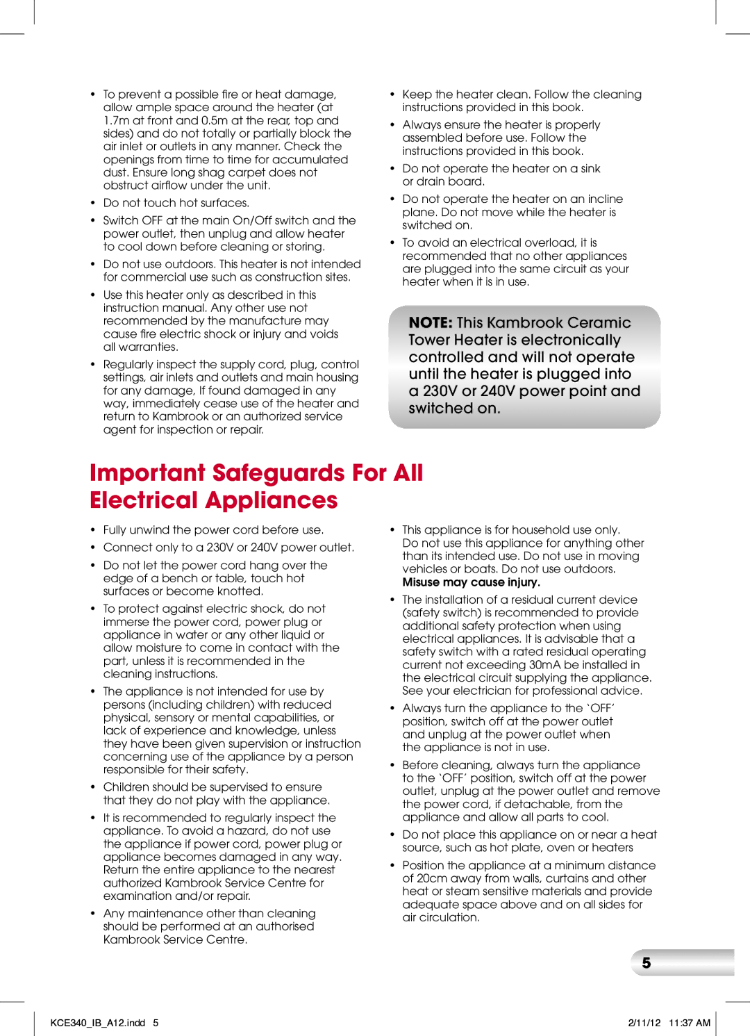 Kambrook KCE340 manual Important Safeguards For All Electrical Appliances 