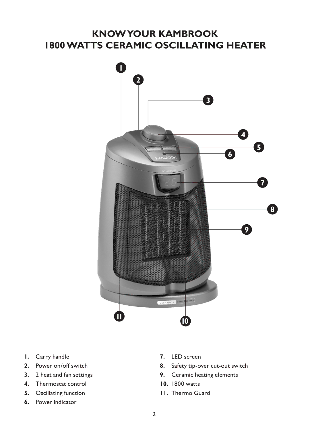 Kambrook KCE42 manual Carry handle LED screen Power on/off switch, Power indicator 