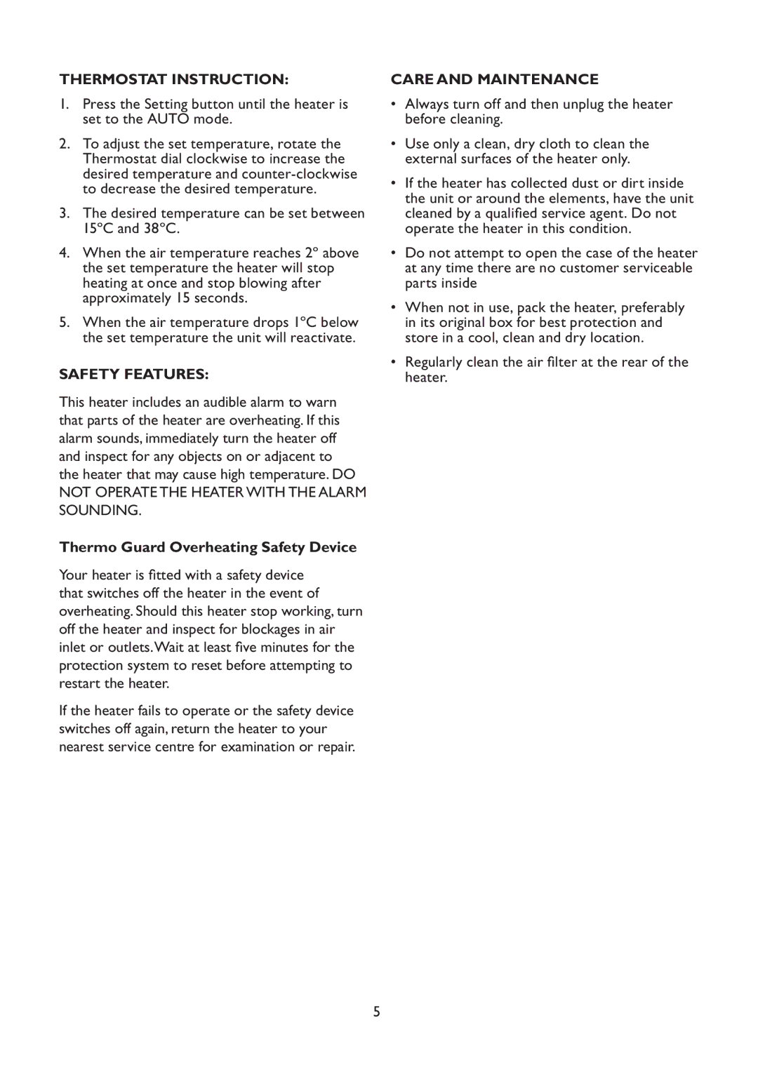 Kambrook KCE42 manual Thermostat Instruction, Safety Features, Thermo Guard Overheating Safety Device, Care and Maintenance 