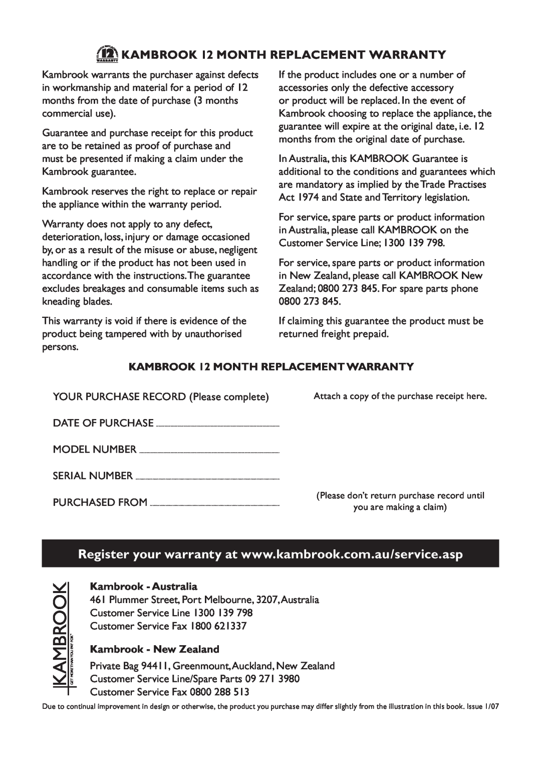 Kambrook KCE42 manual KAMBROOK 12 MONTH REPLACEMENT WARRANTY, Kambrook - Australia, Kambrook - New Zealand 
