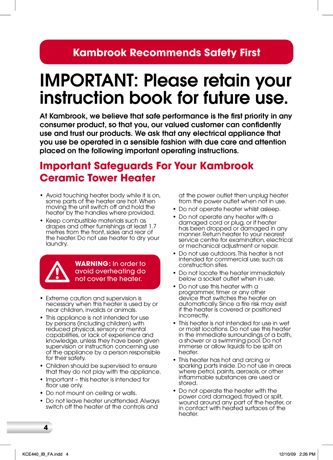 Kambrook KCE440 manual Important Safeguards For Your Kambrook Ceramic Tower Heater 