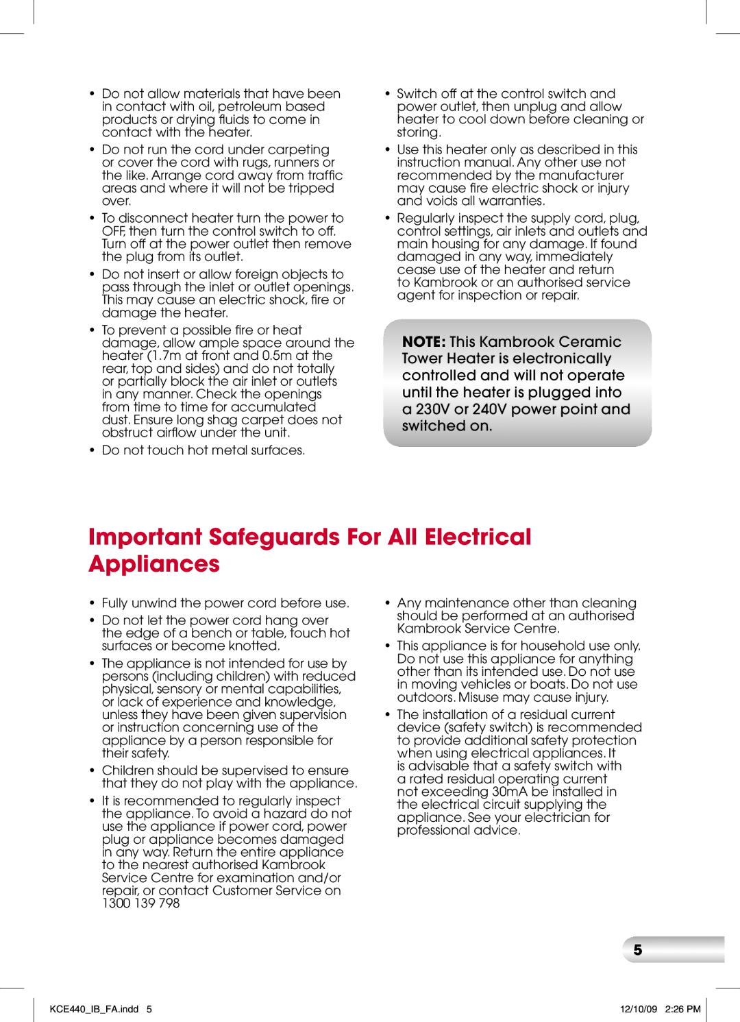 Kambrook KCE440 manual Important Safeguards For All Electrical Appliances 