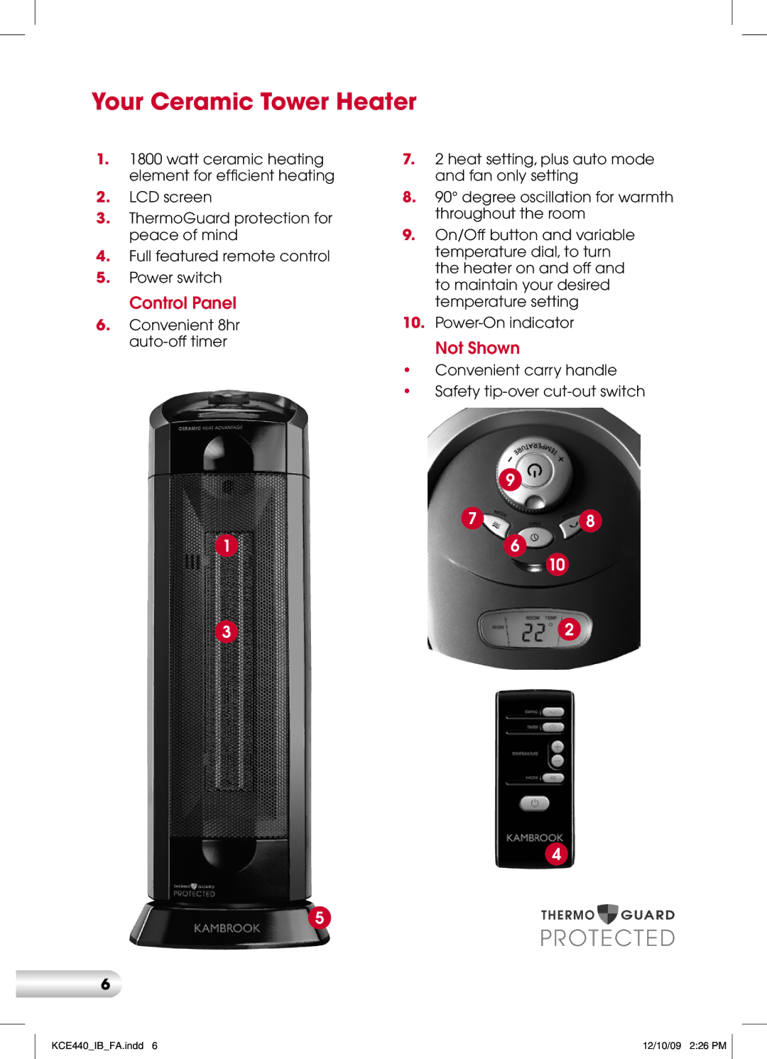 Kambrook KCE440 manual Your Ceramic Tower Heater, Control Panel 