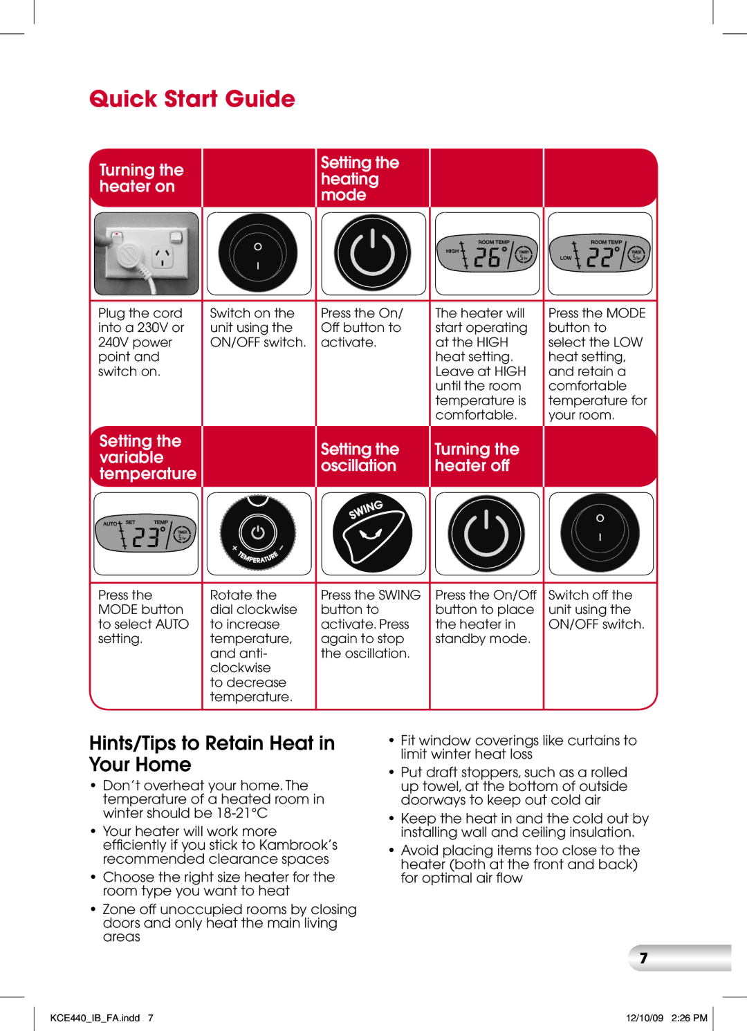 Kambrook KCE440 manual Quick Start Guide, Hints/Tips to Retain Heat in Your Home 