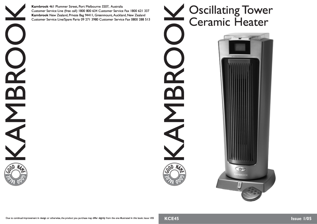 Kambrook KCE45 manual U Lav, Oscillating Tower Ceramic Heater, Issue 1/05 