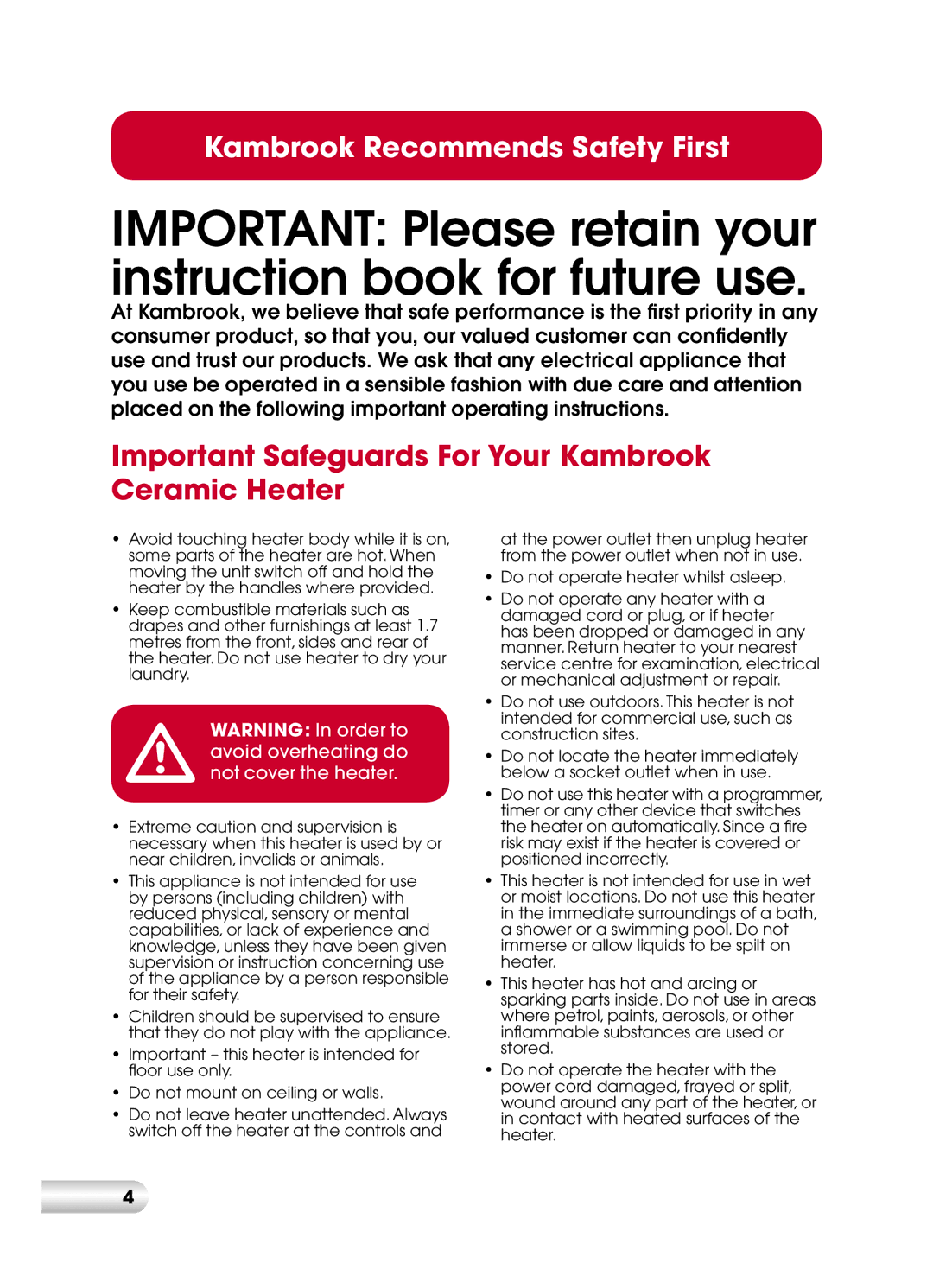 Kambrook KCE520 manual Important Safeguards For Your Kambrook Ceramic Heater 