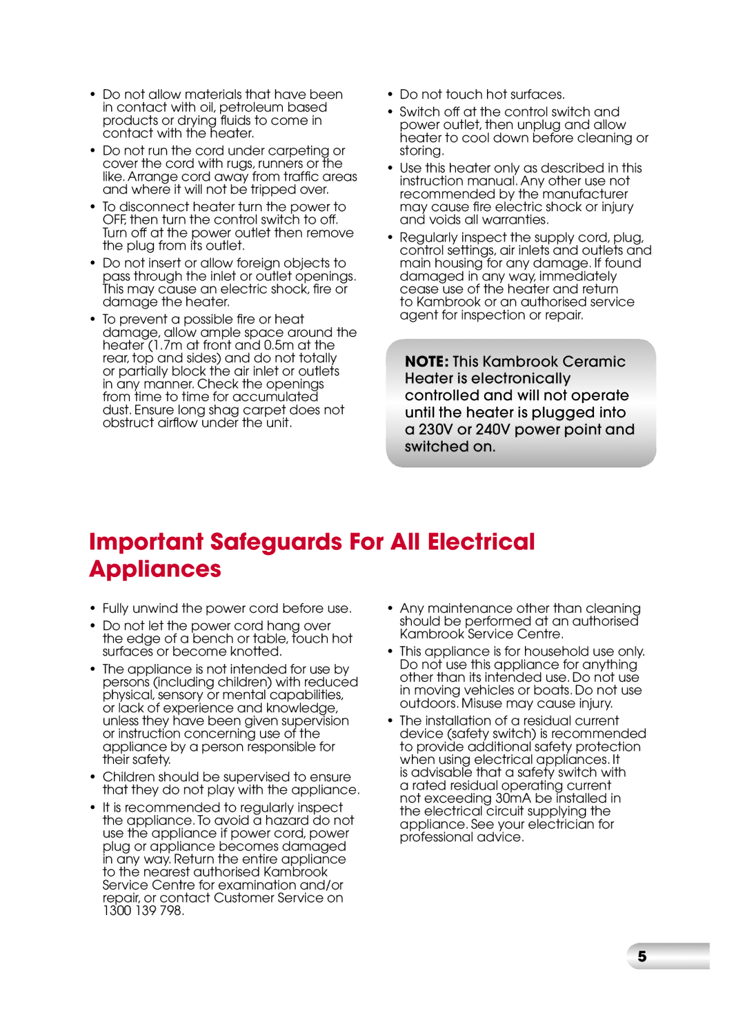 Kambrook KCE520 manual Important Safeguards For All Electrical Appliances 