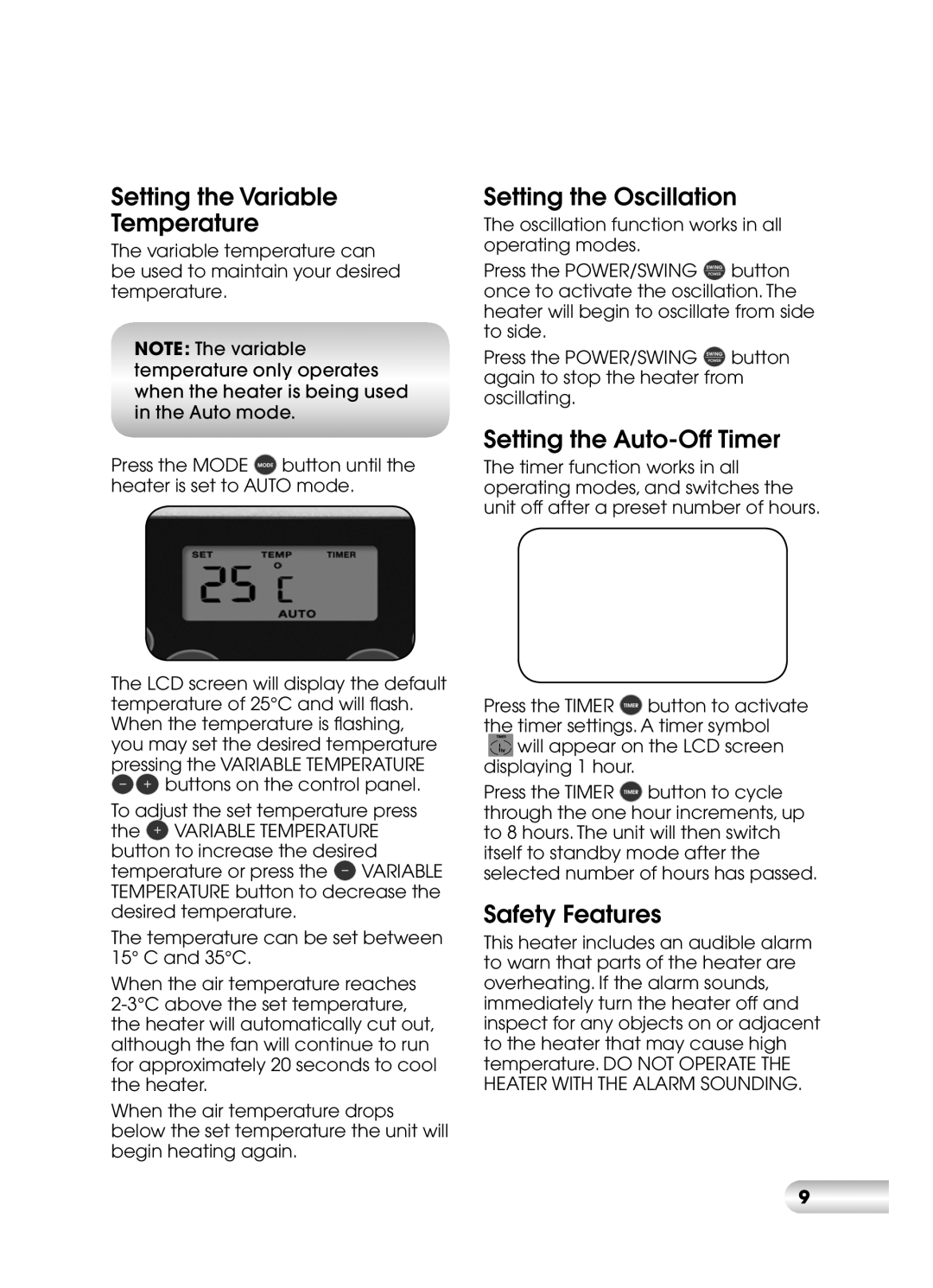 Kambrook KCE520 Setting the Variable Temperature, Setting the Oscillation, Setting the Auto-Off Timer, Safety Features 