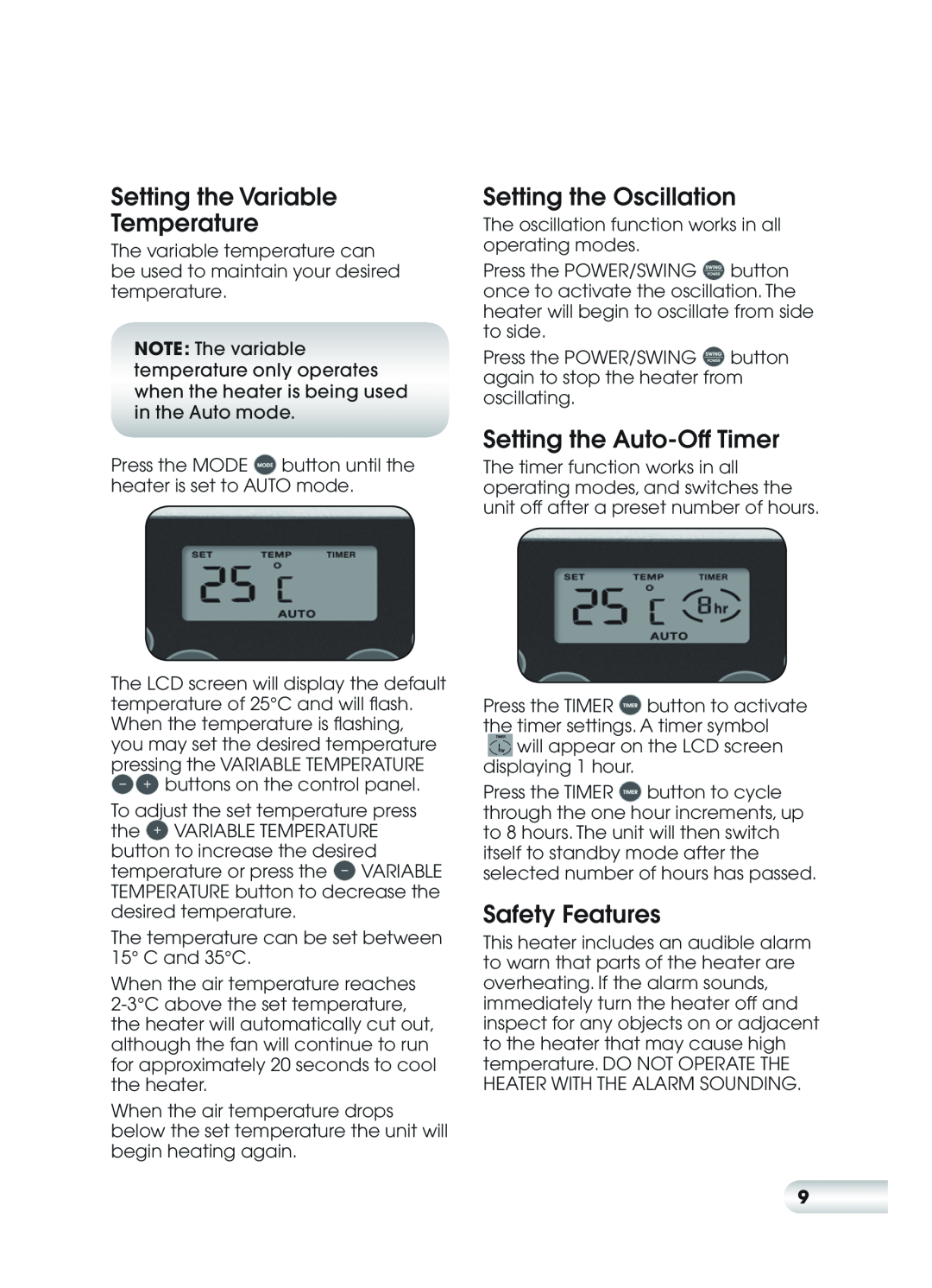 Kambrook KCE520 Setting the Variable Temperature, Setting the Oscillation, Setting the Auto-OffTimer, Safety Features 