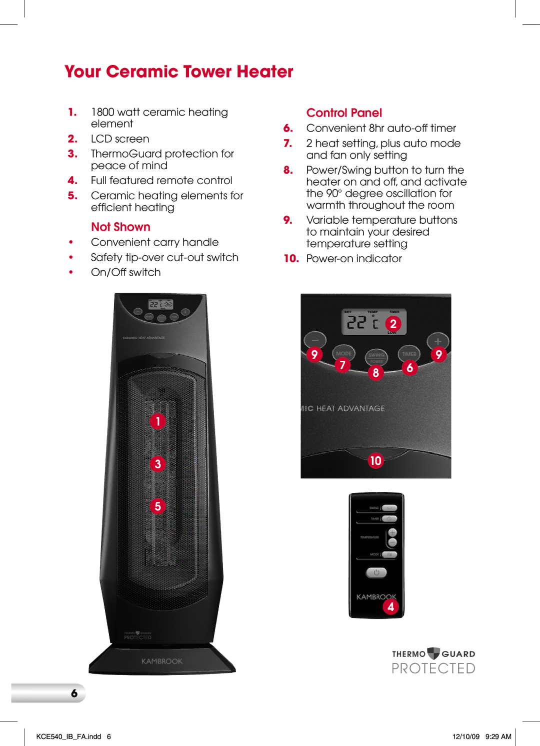 Kambrook KCE540 manual Your Ceramic Tower Heater, Control Panel 