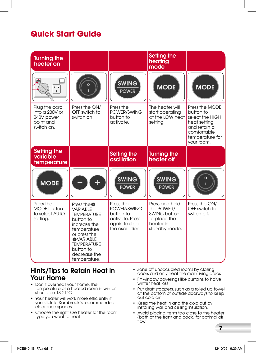 Kambrook KCE540 manual Quick Start Guide, Hints/Tips to Retain Heat in Your Home 