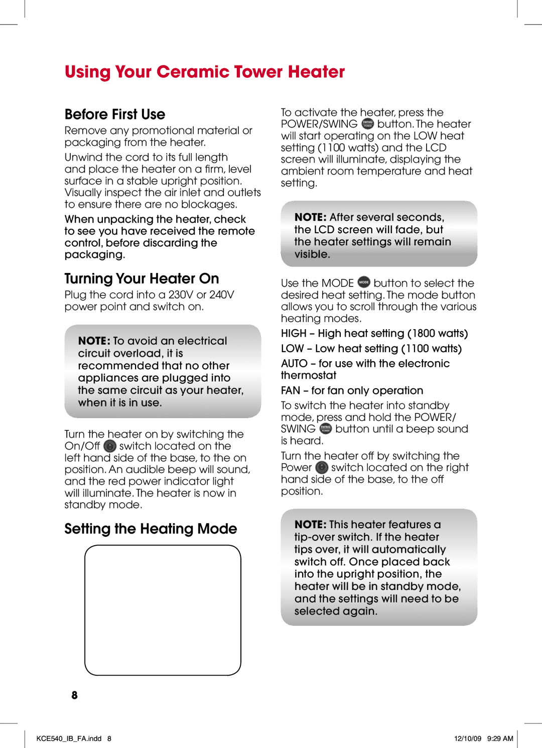 Kambrook KCE540 manual Using Your Ceramic Tower Heater, Before First Use, Turning Your Heater On, Setting the Heating Mode 