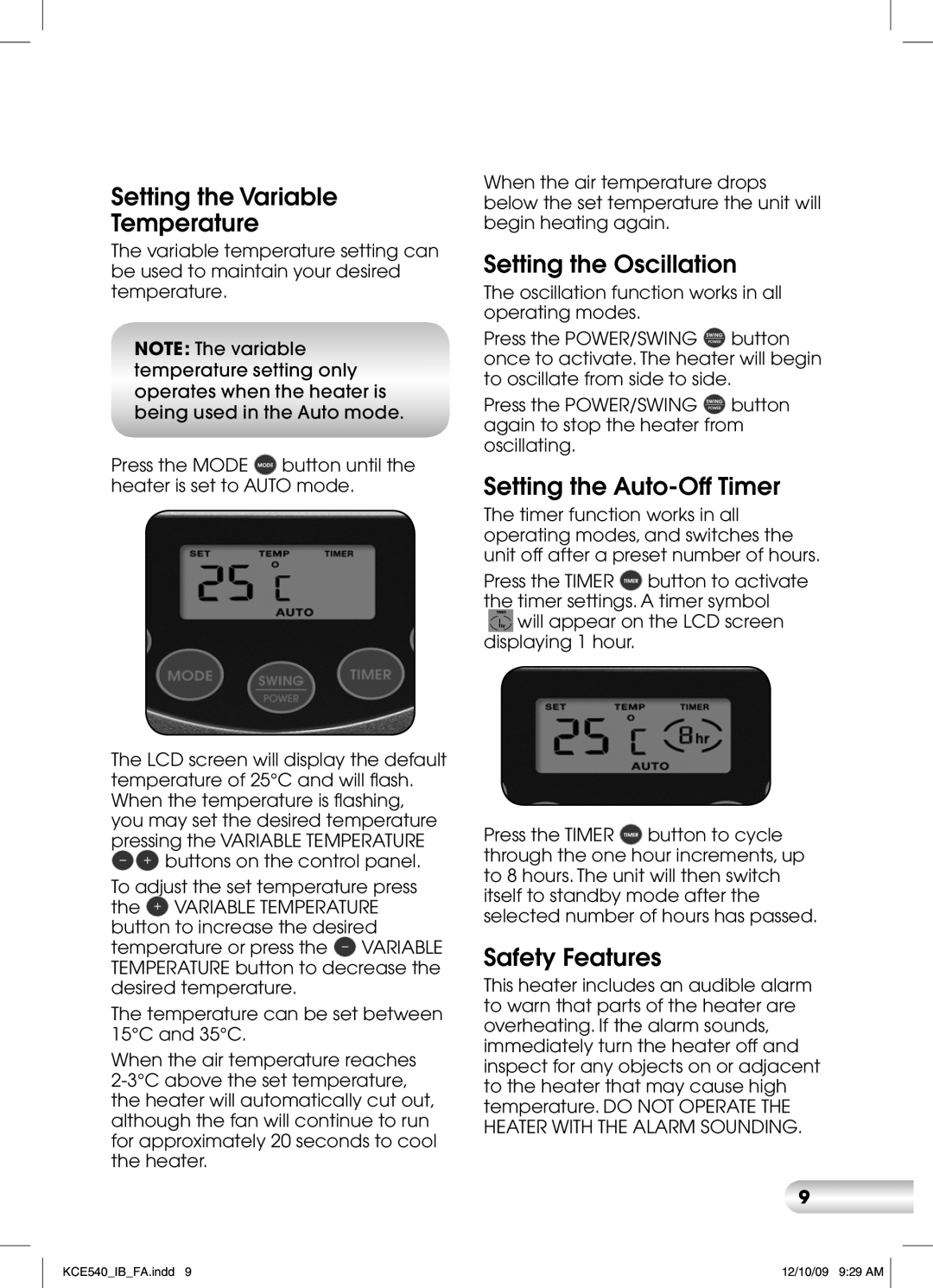 Kambrook KCE540 Setting the Variable Temperature, Setting the Oscillation, Setting the Auto-Off Timer, Safety Features 