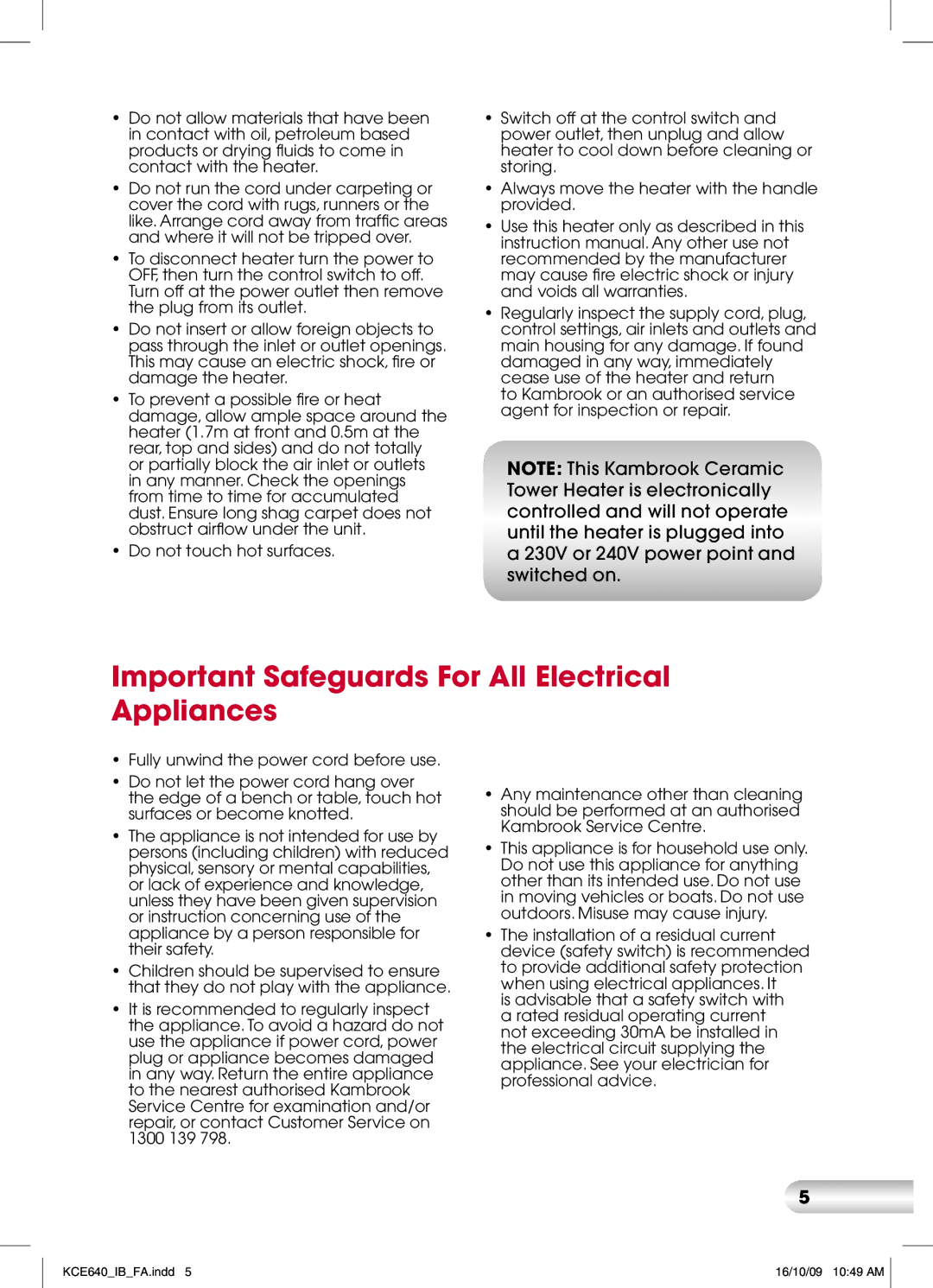 Kambrook KCE640 manual Important Safeguards For All Electrical Appliances 