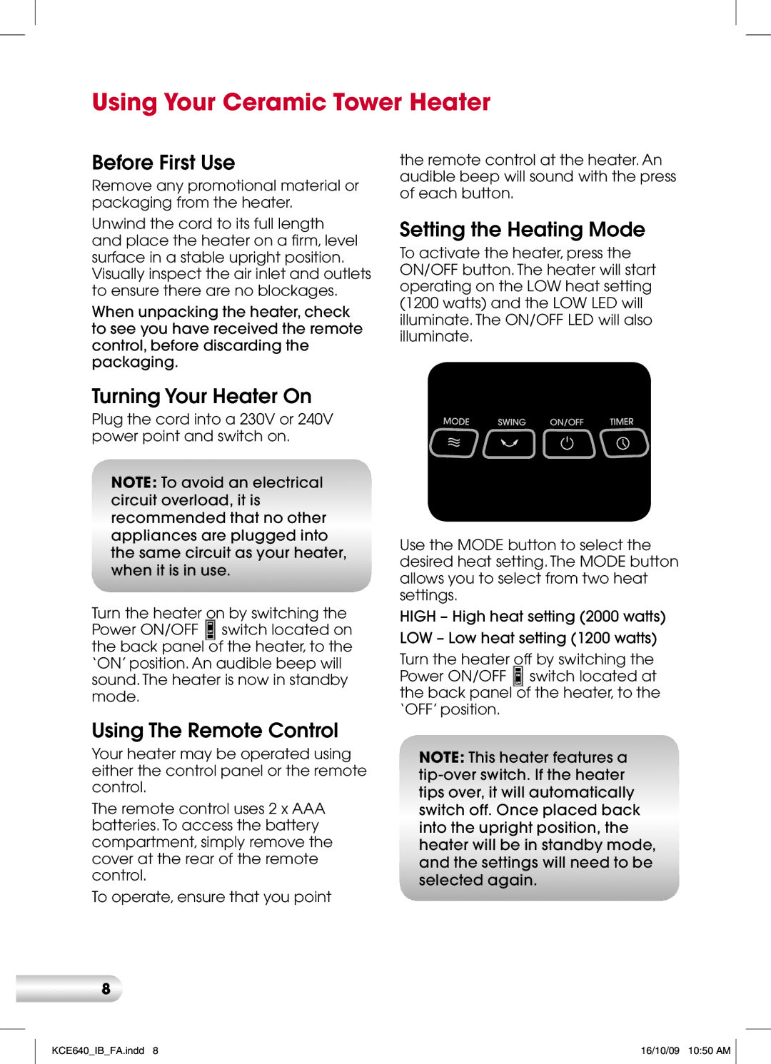 Kambrook KCE640 manual Using Your Ceramic Tower Heater, Before First Use, Turning Your Heater On, Using The Remote Control 