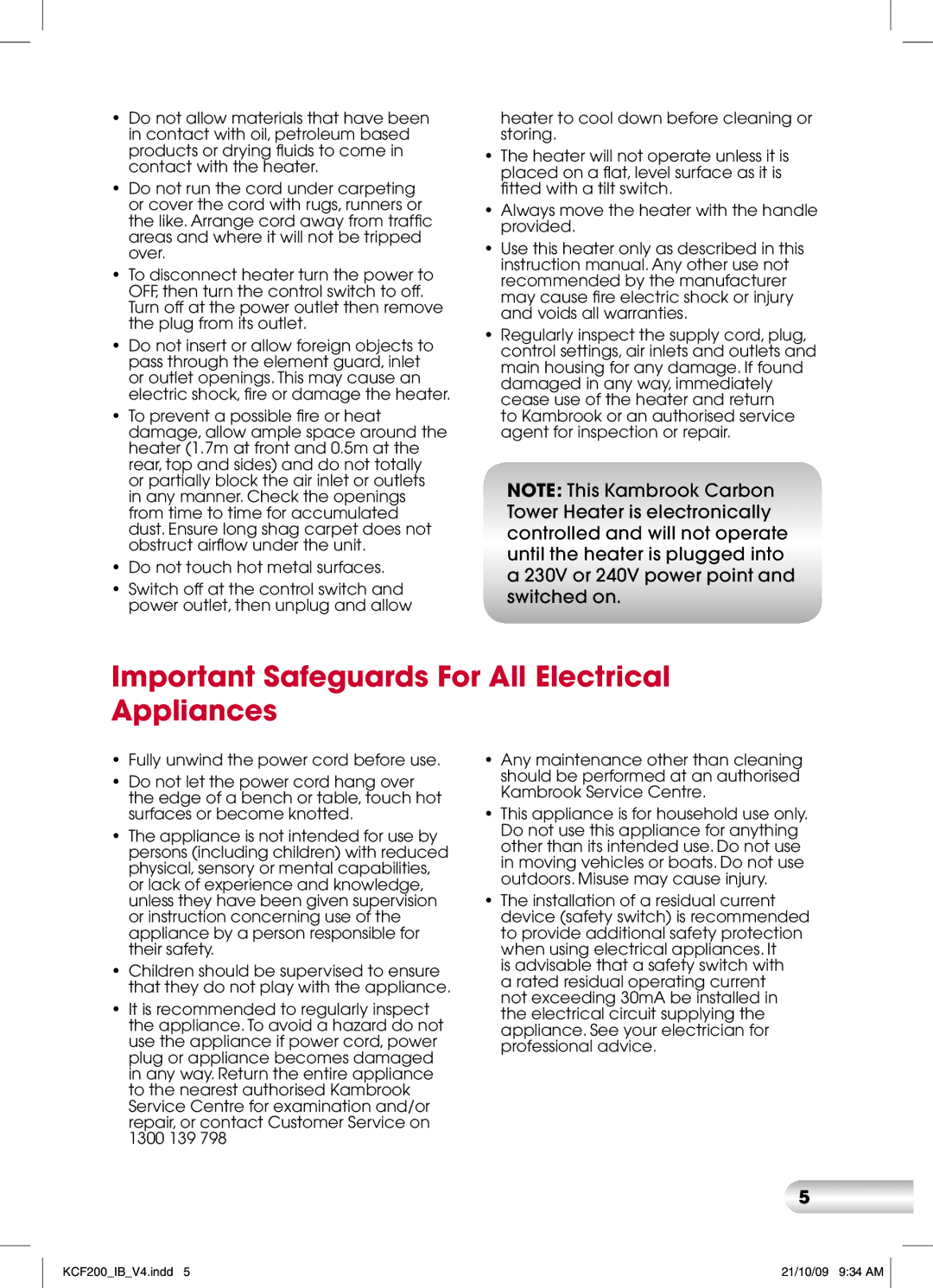 Kambrook KCF200 manual Important Safeguards For All Electrical Appliances 