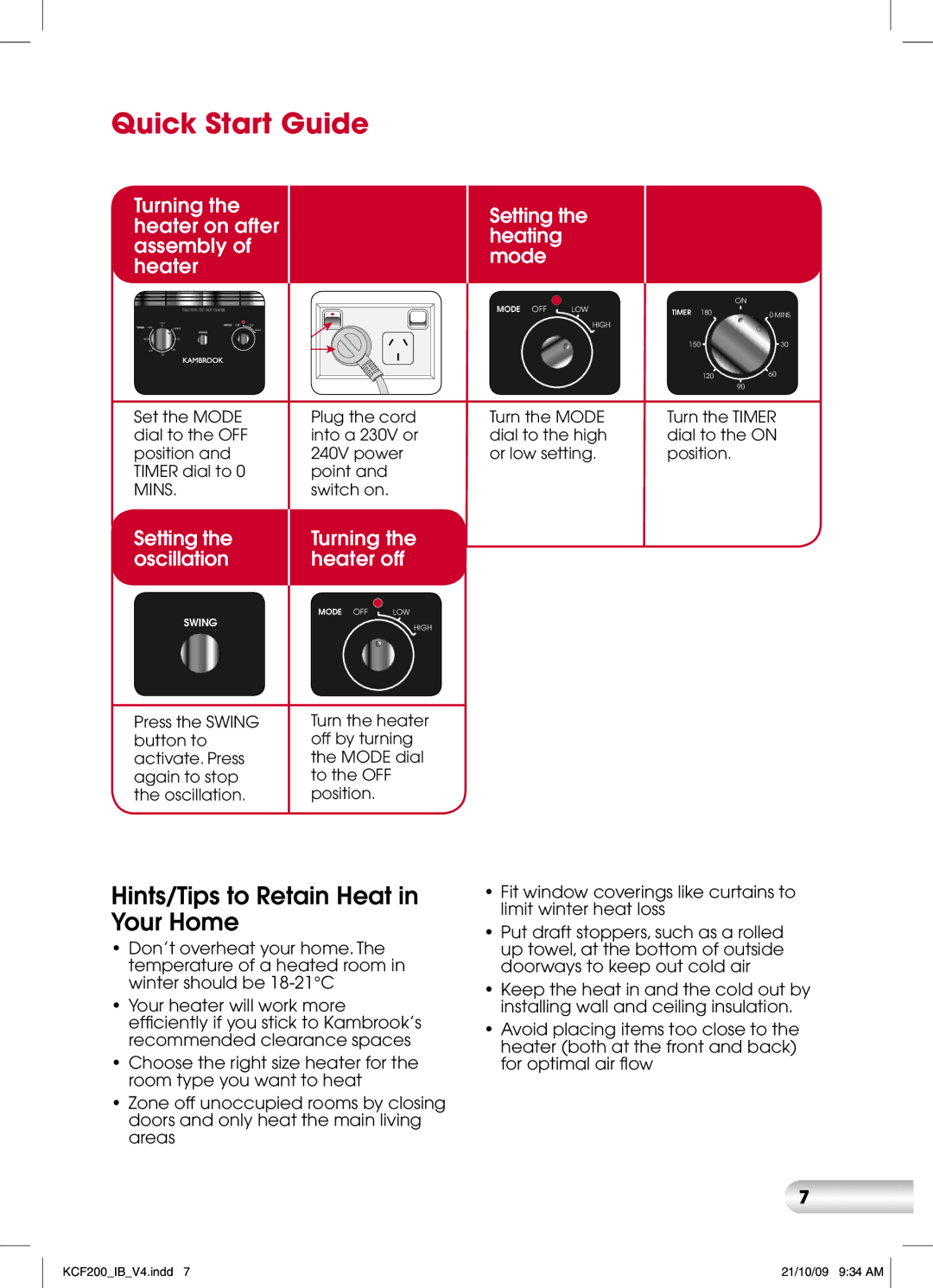 Kambrook KCF200 manual Quick Start Guide, Hints/Tips to Retain Heat in Your Home 