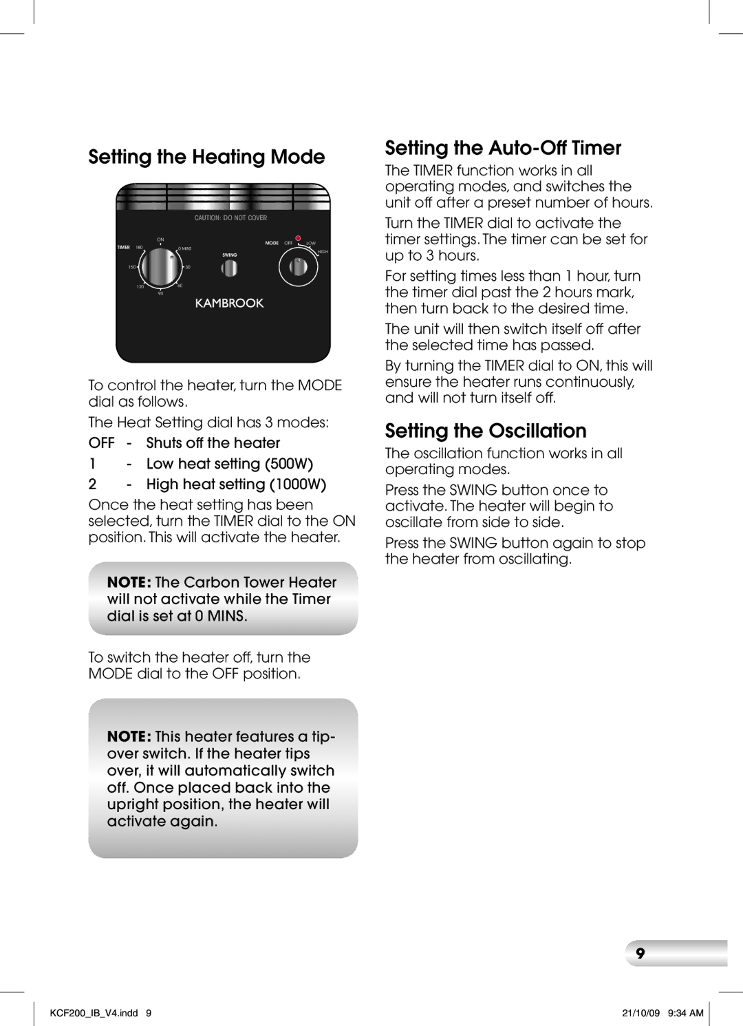 Kambrook KCF200 manual Setting the Heating Mode, Setting the Auto-Off Timer, Setting the Oscillation 