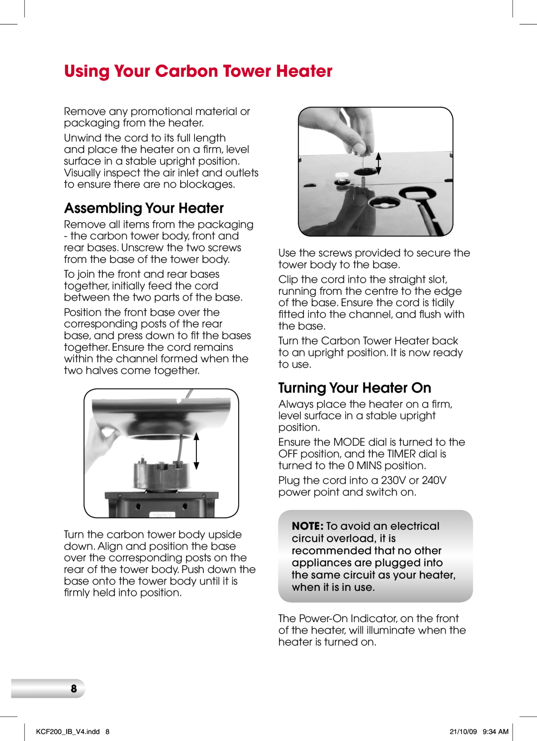 Kambrook KCF200 manual Using Your Carbon Tower Heater, Assembling Your Heater, Turning Your Heater On 