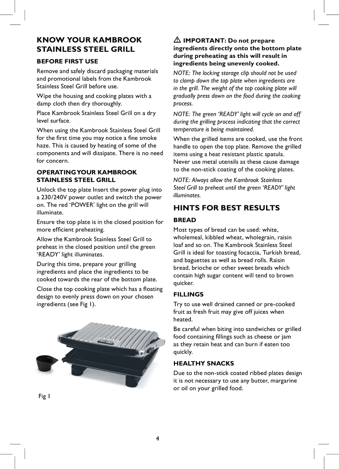 Kambrook KCG100 manual Know Your Kambrook Stainless Steel Grill, Hints for Best Results 