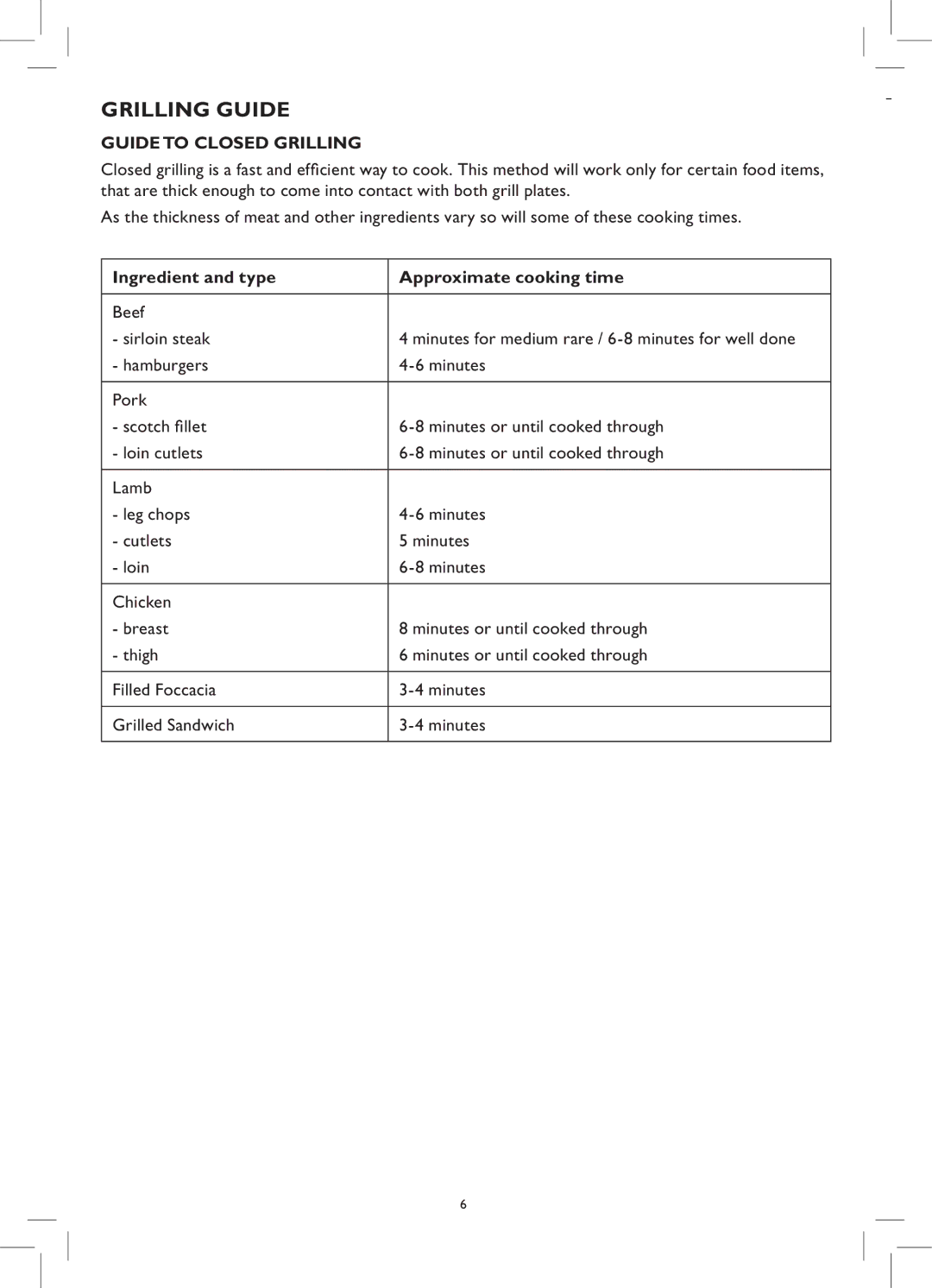 Kambrook KCG100 manual Grilling Guide, Guide to closed grilling, Ingredient and type Approximate cooking time 